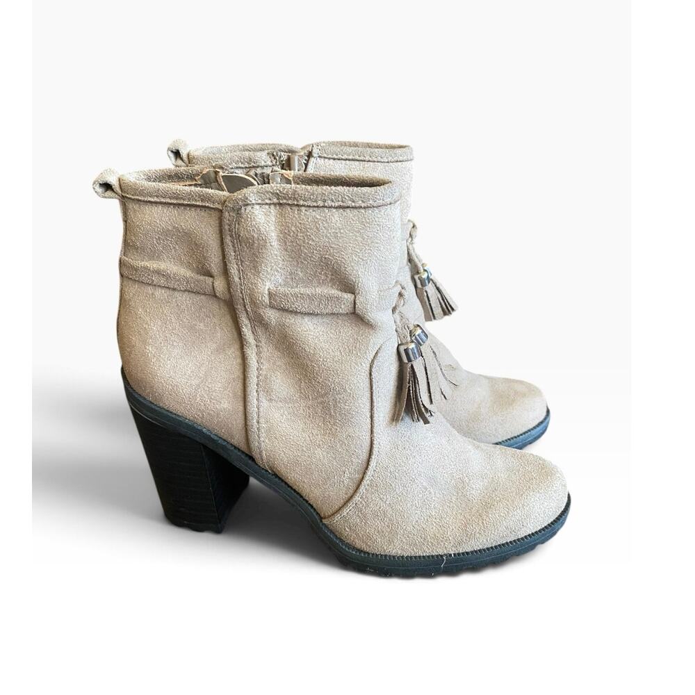 Jaclyn Smith Taupe Tassel Ankle Boots Women’s 7M Block Heel Faux Suede Booties